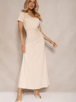 Jasnobeżowa Taliowana Sukienka z Ozdobnymi Marszczeniami i Domieszką Wiskozy Avenile by swan