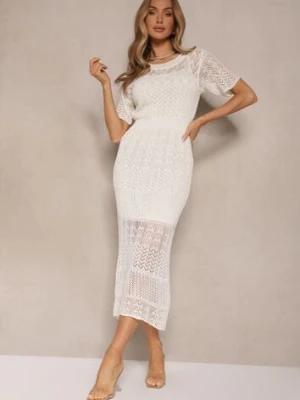 Jasnobeżowa Taliowana Sukienka z Wiskozą z Ażurowym Wzorem Anelvia elsa.m by may