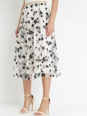 Jasnobeżowa Tiulowa Spódnica z Welurowym Wzorem w Kwiaty i Gumką w Pasie Iyosi