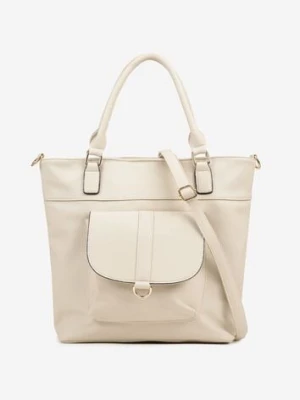 Jasnobeżowa Torebka Typu Shopper z Ozdobną Kieszenią i Paskiem Crossbody Frocelle