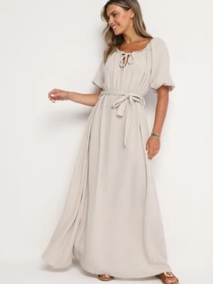 Jasnobeżowa Trapezowa Muślinowa Sukienka z Bawełny z Paskiem i Gumką w Talii Vimarinn jumelle