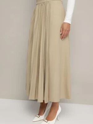 Jasnobeżowa Trapezowa Spódnica Plisowana z Wiskozą Ozdobiona Klamrą Calemi