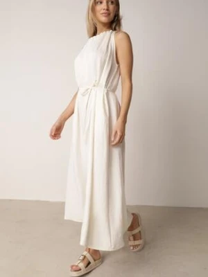 Jasnobeżowa Wiskozowa Sukienka Bez Rękawów z Warkoczowym Splotem przy Dekolcie Shirineli cflo