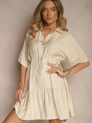 Jasnobeżowa Wiskozowa Sukienka o Koszulowym Kroju z Wiązaniem w Talii Nanovias cflo