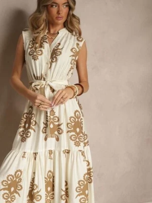 Jasnobeżowa Wiskozowa Sukienka o Rozkloszowanym Kroju z Wiązanym Paskiem Mirasela m&d fashion