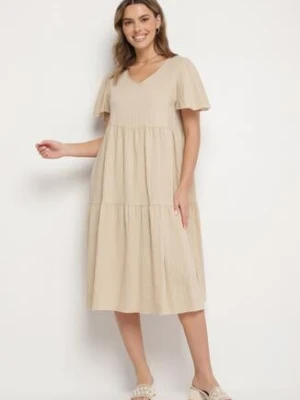 Jasnobeżowa Wiskozowa Sukienka Rozkloszowana z Dekoltem V Natilenia cflo