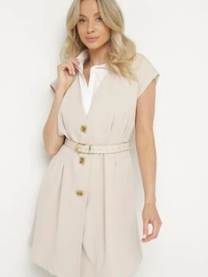 Jasnobeżowa Wiskozowa Sukienka Rozkloszowana z Koszulowym Kołnierzykiem i Paskiem Aluella elsa.m by may