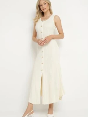 Jasnobeżowa Wiskozowa Sukienka Sweterkowa z Ozdobnymi Guzikami Lunarelle elsa.m by may