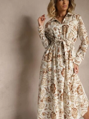 Jasnobeżowa Wiskozowa Sukienka w Kwiatowy Wzór o Koszulowym Kroju z Paskiem Zelkiona m&d fashion