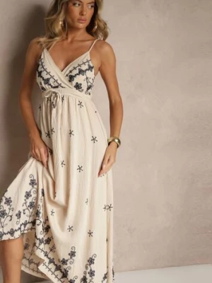 Jasnobeżowa Wiskozowa Sukienka z Kopertowym Dekoltem i Haftami Sarondra j&x