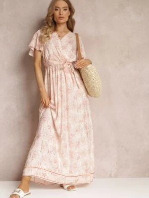 Jasnobeżowa Wiskozowa Sukienka z Metalicznym Wzorem i Gumką w Pasie Carinalia cflo