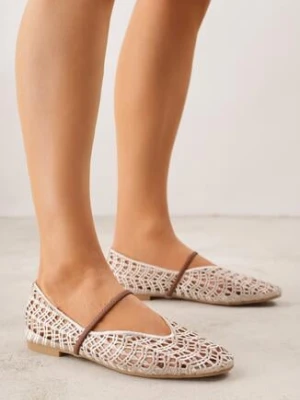 Jasnobeżowe Ażurowe Balerinki z Imitacji Plecionki z Paskiem Naeraea