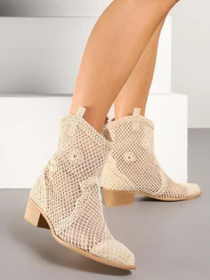 Jasnobeżowe Ażurowe Botki w Stylu Kowbojek na Stożku ze Skórzaną Wkładką Xalozi sergio todzi
