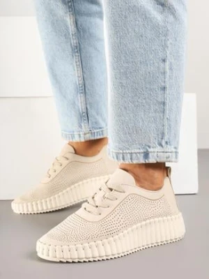 Jasnobeżowe Ażurowe Sneakersy na Grubej Podeszwie z Tłoczeniem Ronele super mode