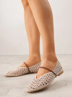Jasnobeżowe Balerinki Mary Jane z Ażurową Cholewką Imitującą Plecionkę Timina