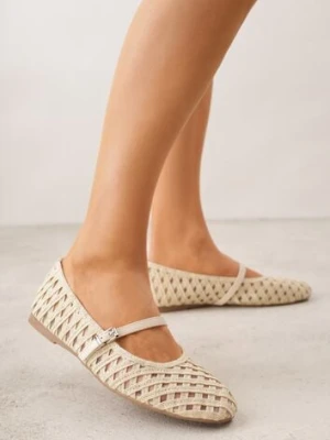 Jasnobeżowe Balerinki z Ażurowym Wzorem i Paskiem Astethera