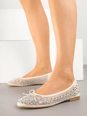 Jasnobeżowe Balerinki z Siateczki Zdobione Cyrkoniami i Kokardką Falondria seastar