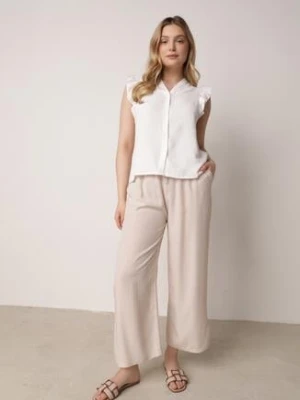 Jasnobeżowe Bawełniane Spodnie z Szerokimi Nogawkami Palazzo z Gumką w Pasie Nesira defox