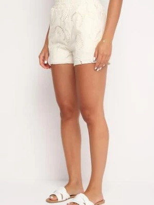 Jasnobeżowe Bawełniane Szorty z Gumką w Talii o Ażurowym Wykończeniu Rivashania rosa