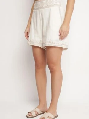 Jasnobeżowe Bawełniane Szorty z Wysokim Stanem Zdobione Haftem Korioria rosa