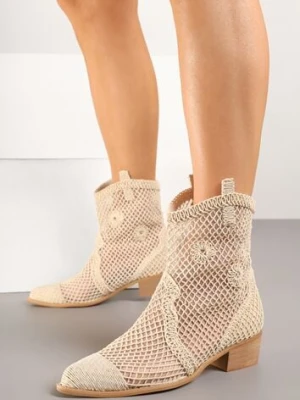Jasnobeżowe Botki Kowbojki na Stożku ze Skórzaną Wkładką i Siateczkową Cholewką Frolozi sergio todzi