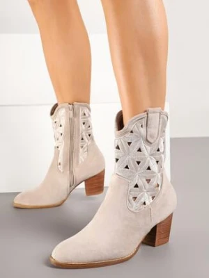 Jasnobeżowe Botki Vices na Obcasie w Stylu Kowbojek Ozdobione Ażurowym Wzorem Zelori
