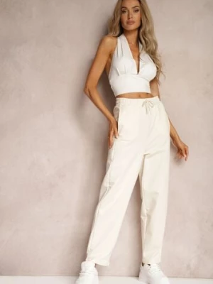 Jasnobeżowe Dresowe Spodnie High Waist z Gumką w Talii Dimlara lefon