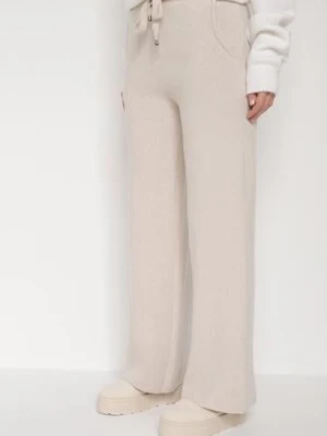 Jasnobeżowe Dzianinowe Spodnie o Szerokim Kroju ze Sznurkami Melatusa