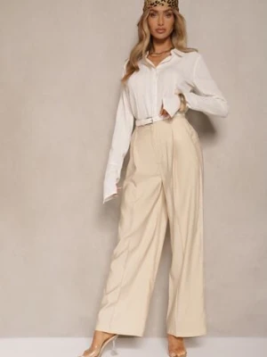 Jasnobeżowe Garniturowe Spodnie High Waist o Szerokim Kroju Efrase