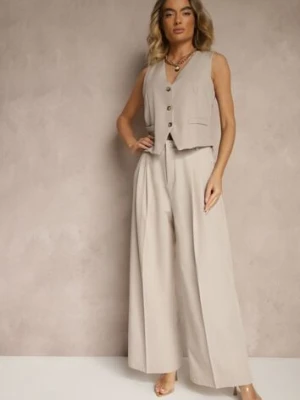 Jasnobeżowe Garniturowe Spodnie z Wiskozą o Szerokim Kroju z Zakładkami Galaniel bisou's project