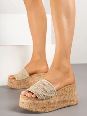 Jasnobeżowe Klapki na Koturnie z Ozdobną Plecionką Lanelisa seastar