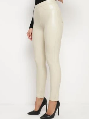 Jasnobeżowe Legginsy z Ekoskóry z Wysokim Stanem i Imitacją Kieszeni Merievia defox