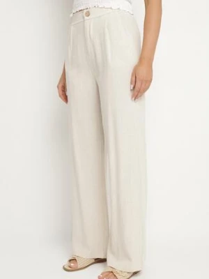 Jasnobeżowe Lniane Spodnie z Wiskozą o Szerokim Kroju z Gumką w Talii Zelzeri j&x
