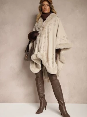 Jasnobeżowe Ponczo z Wełny i Wiskozy z Futerkiem i Błyszczącymi Cyrkoniami Issanel