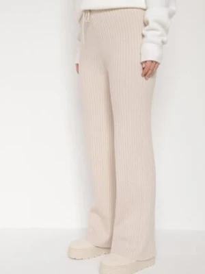 Jasnobeżowe Prążkowane Spodnie z Wełną o Szerokim Kroju z Wysokim Stanem Reinnia
