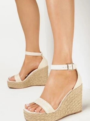 Jasnobeżowe Sandały na Koturnie i Platformie ze Sznurka Jutowego Ignie