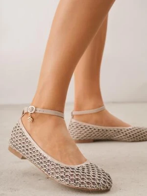 Jasnobeżowe Siateczkowe Balerinki z Wkładką ze Skóry Naturalnej Ozdobione Aplikacją Adriarissa goodin