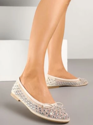 Jasnobeżowe Siateczkowe Balerinki Zdobione Cyrkoniami i Kokardką Revia seastar