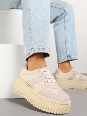 Jasnobeżowe Sneakersy na Platformie Ozdobione Paskiem Vivesse seastar