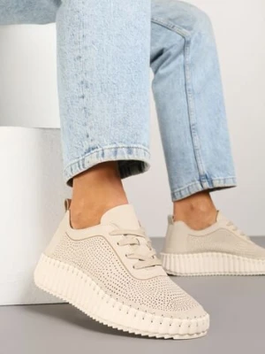 Jasnobeżowe Sneakersy na Tłoczonej Platformie z Ażurową Cholewką Ronfira