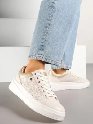 Jasnobeżowe Sneakersy w Stylu Tenisówek na Grubej Podeszwie Zdobione Perforacją Marailia getel