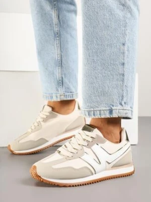 Jasnobeżowe Sneakersy z Metaliczną Lamówką i Geometrycznym Wzorem Tosvella