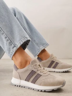 Jasnobeżowe Sneakersy z Zamszu Naturalnego z Ozdobnymi Paskami i Perforacją Ravinelle goodin