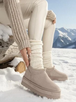 Jasnobeżowe Śniegowce Vices z Krótką Cholewką Ocieplone Futerkiem Grelfedi