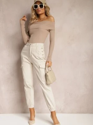 Jasnobeżowe Spodnie Bawełniane o Fasonie Bojówek High Waist z Guzikami Amatnosha m.sara