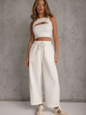 Jasnobeżowe Spodnie Casual Barrel High Waist z Gumką i Wiązaniem w Pasie Janesa yu & me
