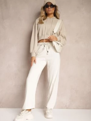 Jasnobeżowe Spodnie Dresowe Prążkowane o Szerokim Kroju High Waist Iriallia
