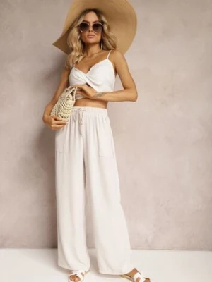 Jasnobeżowe Spodnie High Waist ze Sznurkiem w Talii i Prostą Nogawką Raveann defox