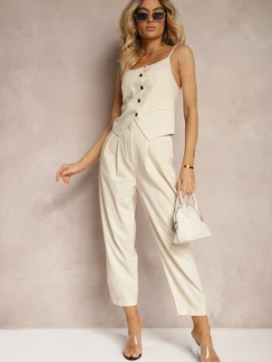 Jasnobeżowe Spodnie Paper Bag High Waist Zapinane na Suwak Nestabella Lefon Beżowy