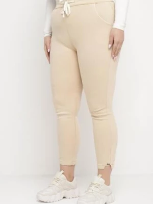 Jasnobeżowe Spodnie Skinny ze Sznurkiem w Pasie i Kieszeniami Irfana queene